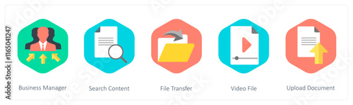 A set of 5 mix icons as business manager, search content, file transfer