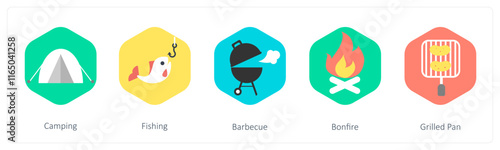 A set of 5 mix icons as camping, fishing, barbecue
