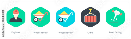 A set of 5 mix icons as engineer, wheel barrow, crane