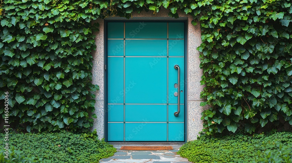 Modern turquoise door with metal handles, set against ivy and a natural stone walkway. Modern turquoise door with metal handles, set against ivy and a natural stone walkway.