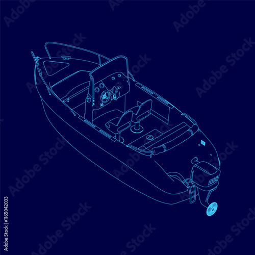 Blue boat with a motor and a steering wheel. The boat is shown in a blue drawing. Isometric view photo