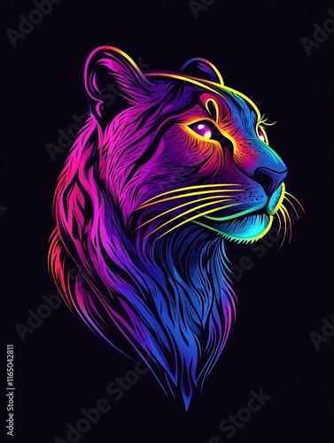 Vibrant neon portrait of a cheetah's head in profile view, showcasing colorful lines and gradients against a dark background. photo