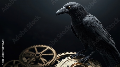 A dark raven perched on golden gears. Ideal for book covers, posters, or album art related to fantasy, steampunk, or mystery. photo