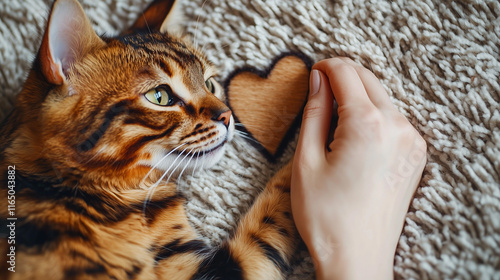 A human hand forms a heart shape with a Bengal cat�s paw on a carpet, symbolizing love for animals. High-resolution, photo-realistic photography. photo