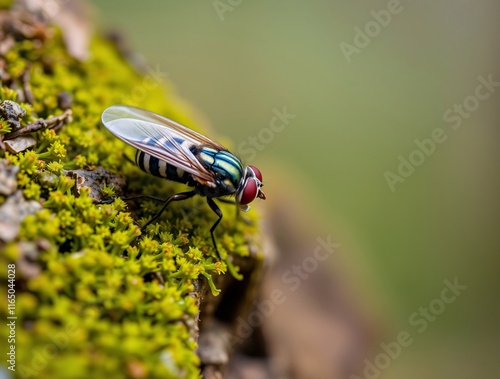 Close up of a fly on a mossy rock, showcasing fine details of the insect and the mossy texture, natural light, realistic colors. photo