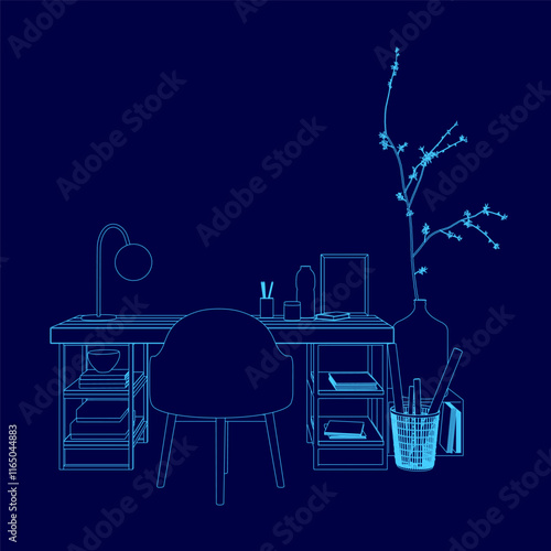 Blue drawing of a desk with a chair, a vase, and a bookcase. The desk is empty, but the chair is positioned in front of it, ready for use