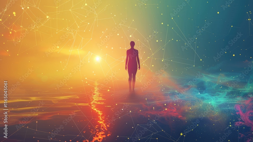 Obraz premium A silhouette stands in a surreal landscape, blending light and color with a cosmic backdrop.