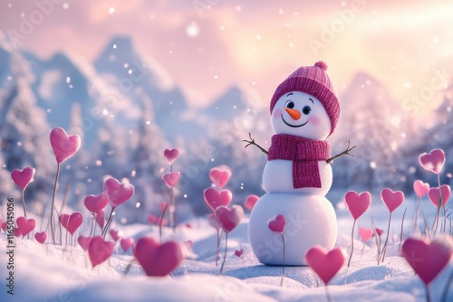 Pink snowman with hearts in a winter wonderland on a blurry background photo