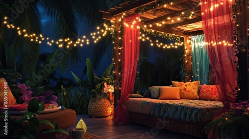 A festive tropical cabana decorated with fairy lights, vibrant streamers, and a lively summer party ambiance.
