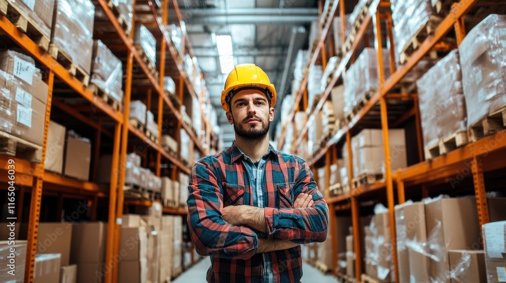 Professional technician wearing a hard hat working in a factory warehouse Professional technician wearing a hard hat working in a factory warehouse