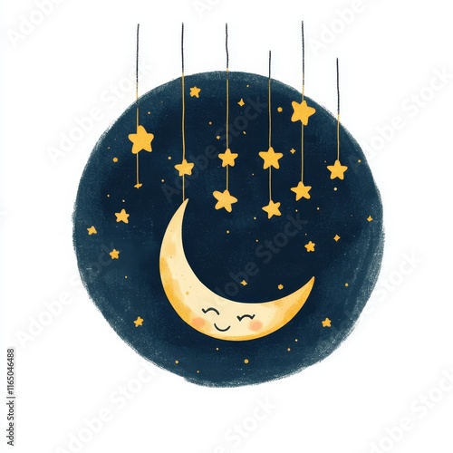 Wallpaper Mural Whimsical Cartoon Night Sky with Smiling Moon and Floating Stars on White Background Torontodigital.ca