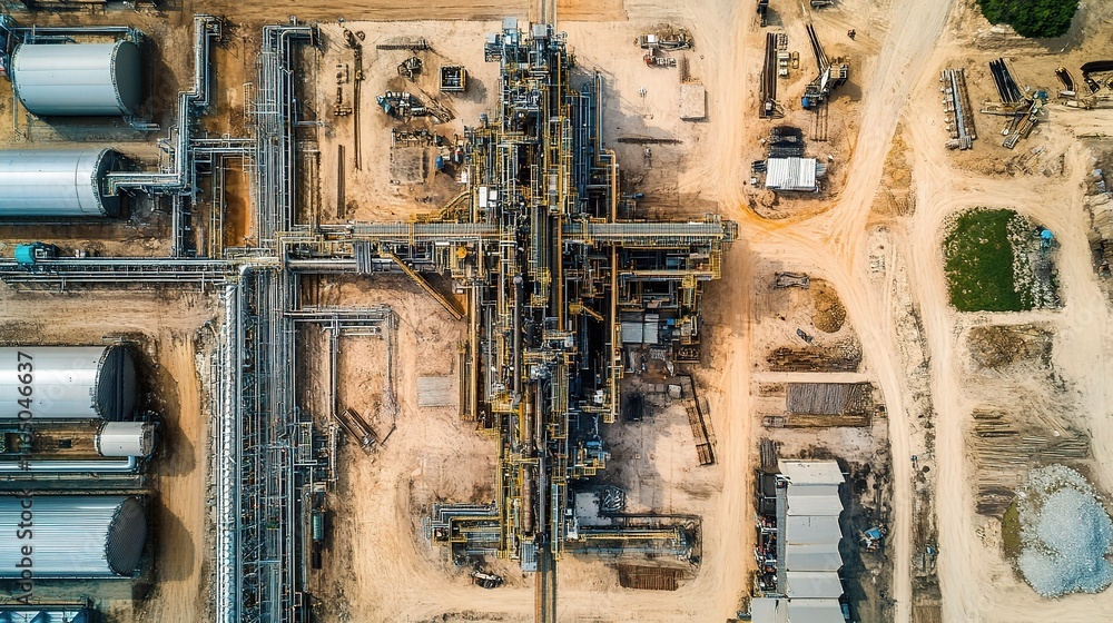 Aerial View of Oil and Gas Extraction Site with Drilling Machinery Aerial View of Oil and Gas Extraction Site with Drilling Machinery