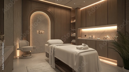 A serene beauty clinic featuring a private treatment room with soft linens, gentle lighting, and state-of-the-art devices.