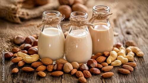 A set of glass bottles with almond, cashew, and hazelnut milks, surrounded by their respective nuts, placed on a rustic wooden table. photo