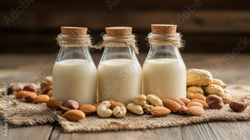 A set of glass bottles with almond, cashew, and hazelnut milks, surrounded by their respective nuts, placed on a rustic wooden table. photo