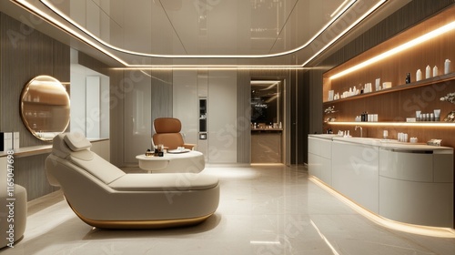 Aesthetic clinic with sleek furniture, modern treatment devices, and premium skincare products on display.