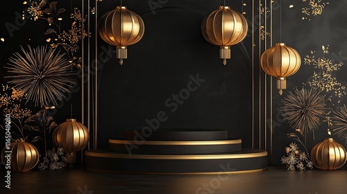 3D podium mockup with lanterns and fireworks, featuring a black and gold color scheme: Elegant 3D podium mockup adorned with lanterns and fireworks in black and gold, ideal for award ceremon photo