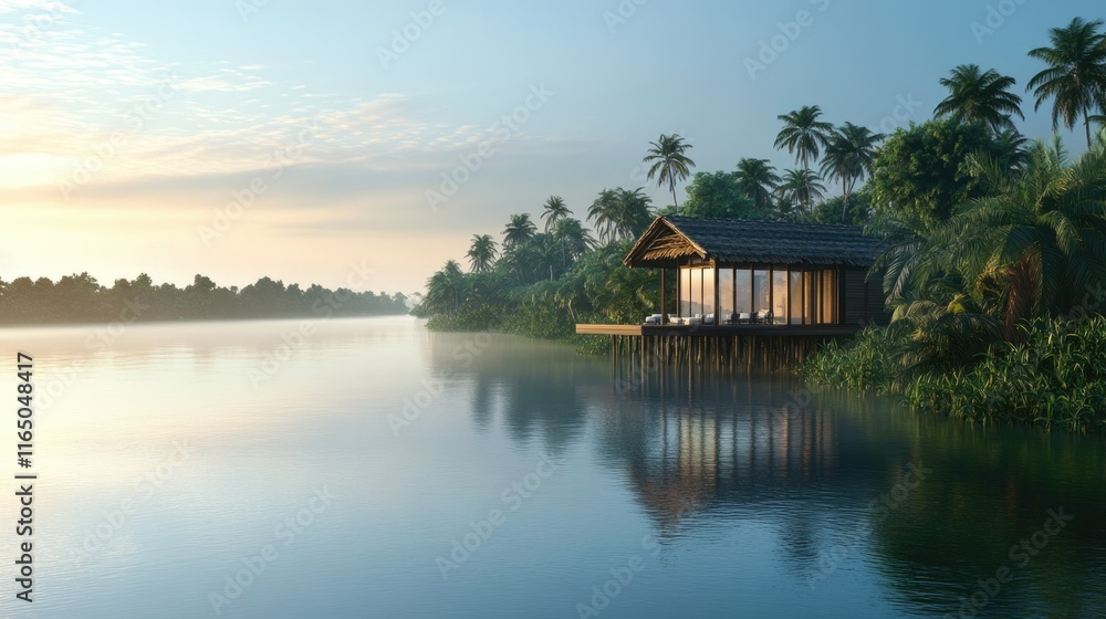 Fototapeta premium Cabana at the edge of a tropical lagoon, surrounded by mangroves and overlooking the peaceful, calm waters.