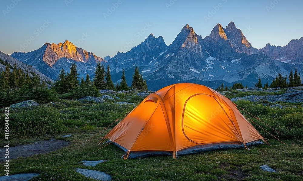A small orange tent is set up in a grassy field next to a mountain range A small orange tent is set up in a grassy field next to a mountain range
