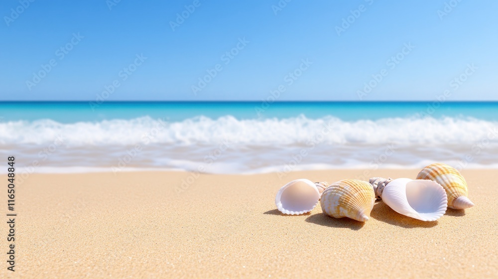 Seashells on a sandy beach with gentle waves in the background. Seashells on a sandy beach with gentle waves in the background.