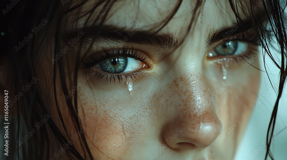 Fototapeta premium A close-up of a young woman's face, a single tear rolling down her cheek, her eyes shimmering with sorrow, soft gray light from a window casting subtle shadows, evoking a deep sense of melancholy.