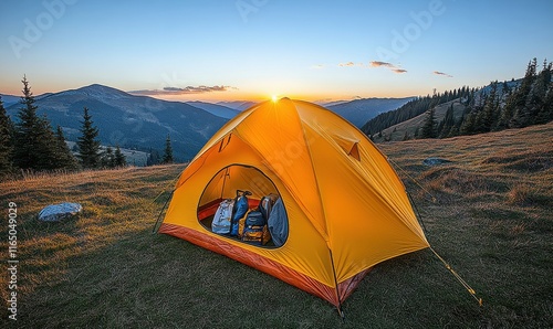 A yellow tent is set up in a grassy field with a view of mountains in the backgr photo