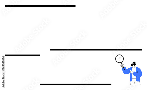 Person in blue coat holding magnifying glass near black lines. Ideal for research, discovery, analysis, focus, problem-solving, curiosity, abstract line flat metaphor