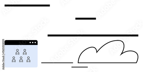 Browser window with people icons, conceptual cloud shape, and minimal design lines. Ideal for teamwork, cloud storage, collaboration, networking, innovation, digital tools abstract line flat