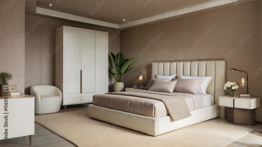 Modern 3d japandi home interior design of cozy bedroom apartment in Pantone color of the year 2025 Mocha Mousse Modern 3d japandi home interior design of cozy bedroom apartment in Pantone color of the year 2025 Mocha Mousse