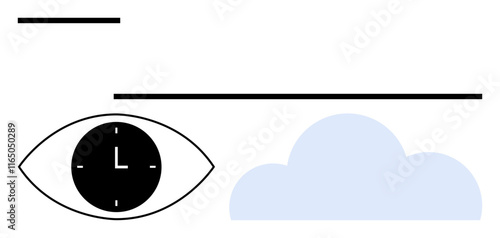 Eye containing clock, light blue cloud, and horizontal lines evoke time, vision, clarity, and creativity. Ideal for concepts thumbs up productivity, innovation, mindfulness and imagination in