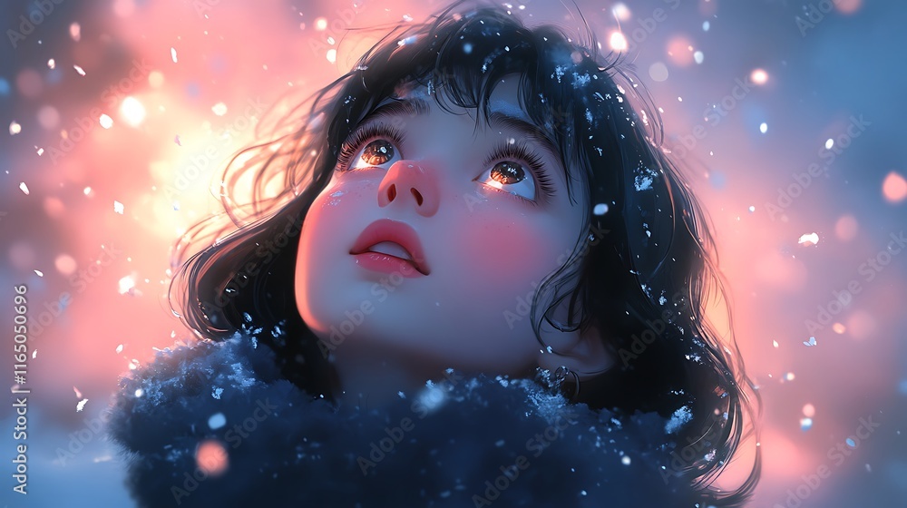 A girl standing in the snow at twilight, staring up as soft snowflakes fall, her wide eyes glowing with wonder, the sky painted in shades of pink and blue. --ar 16:9 A girl standing in the snow at twilight, staring up as soft snowflakes fall, her wide eyes glowing with wonder, the sky painted in shades of pink and blue. --ar 16:9