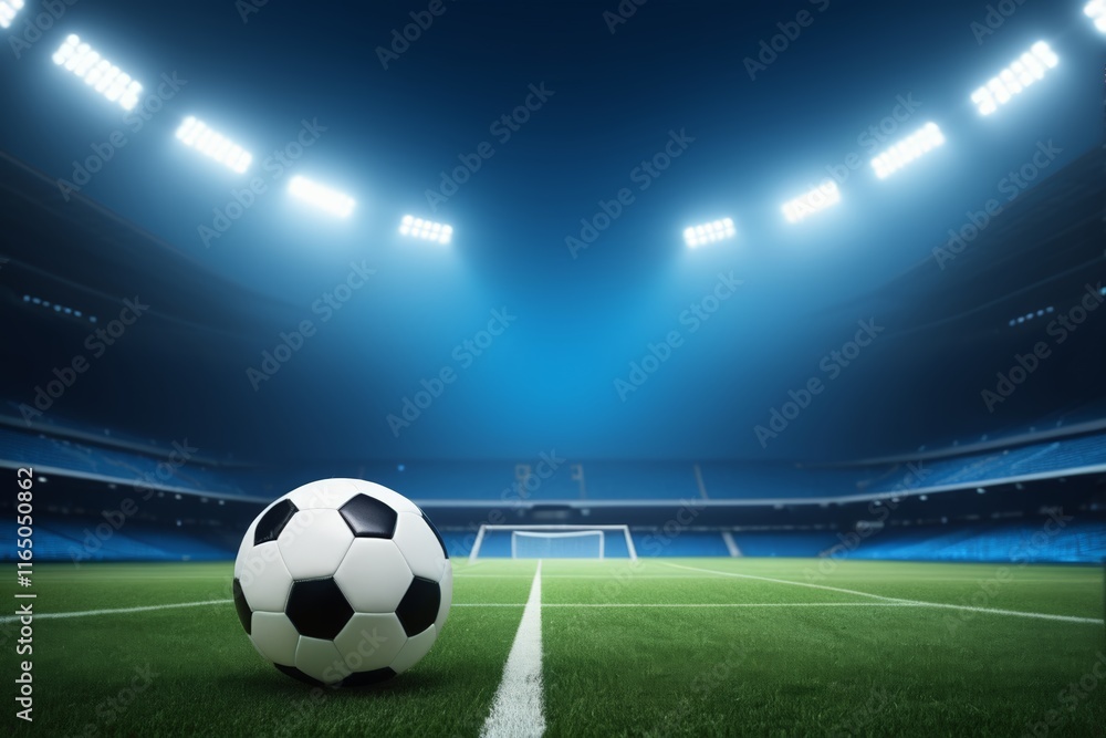 Naklejka premium arafed soccer ball on the field of a stadium with lights