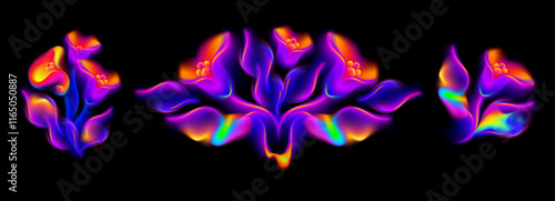 Neon gradient flowers. Colorful floral bouquets, abstract blooming plants with fluid gradient mesh petals, vivid smoke leaves and glowing blur effect vector set