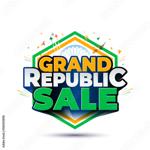 Republic Day of India sale promotion logo design. Grand Republic Sale with tricolor hexagon and background. Modern Shopping, deal and discount concept.