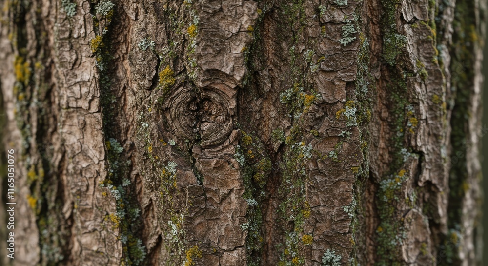 Detailed tree bark texture with grooves, knots, and lichens Detailed tree bark texture with grooves, knots, and lichens