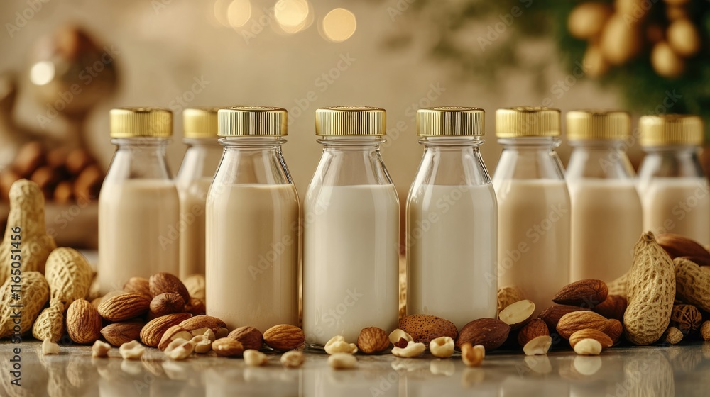 Nut milks in elegant glass bottles with gold caps, surrounded by premium nuts and styled with luxury tones on a reflective surface. Nut milks in elegant glass bottles with gold caps, surrounded by premium nuts and styled with luxury tones on a reflective surface.