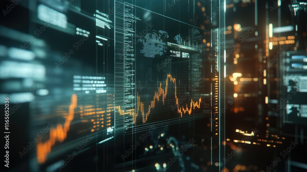 Obraz premium Professional crafting financial graphs on a transparent digital interface surrounded by stock market investment data.