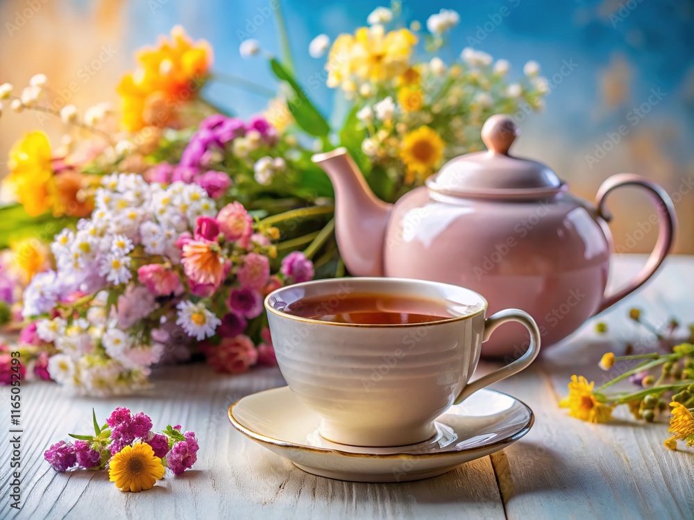 Floral Tea Time Still Life, Bright Cup and Teapot Floral Tea Time Still Life, Bright Cup and Teapot