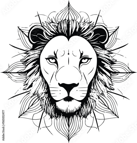 minimalist lion face mandala illustration in a flat vector art style, set against a pristine white background, featuring intricate and symmetrical line patterns 7.eps