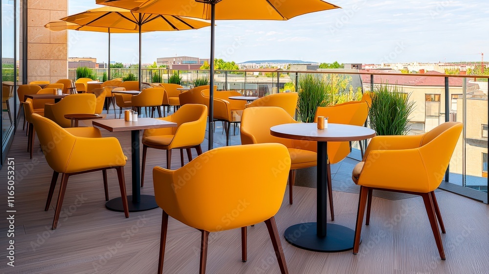 Obraz premium Stylish Modern Outdoor Cafe With Bright Yellow Chairs and Umbrellas in Daylight