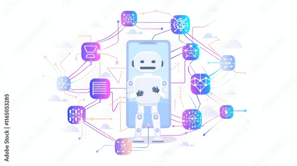 A robot stands amidst digital icons, symbolizing technology and data interaction. A robot stands amidst digital icons, symbolizing technology and data interaction.