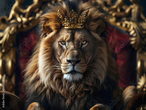 Lion wearing a crown, majestic royalty