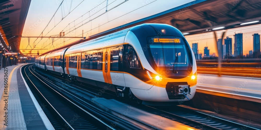 Fototapeta premium Modern Train Arriving at Urban Station During Sunset with City Skyline Background