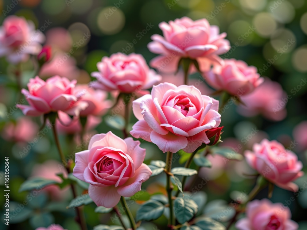 Beautiful Pink Roses Blooming in a Lush Garden Close Up View Beautiful Pink Roses Blooming in a Lush Garden Close Up View