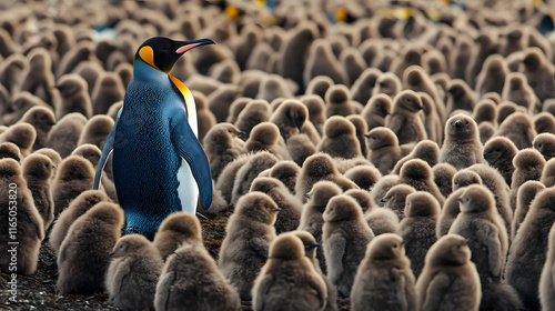 An adult king penguin standing among a large group of nearly fully grown chicks at Volunteer Point in the Falkland Islands.