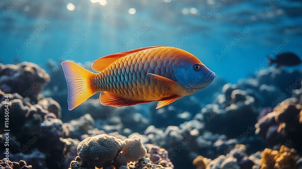 Fototapeta premium Vibrant orange and blue fish swimming in sunlit coral reef.