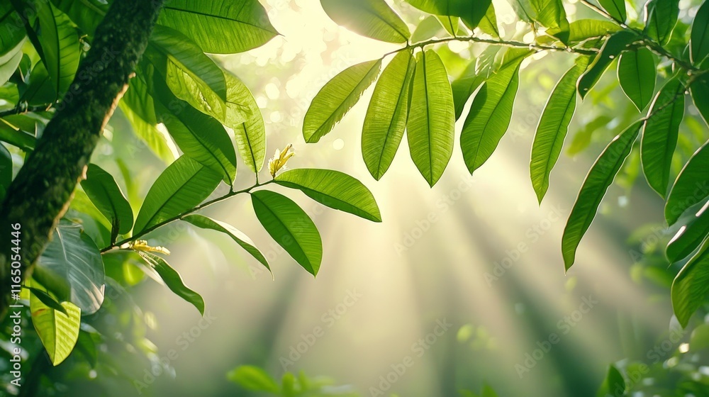 Obraz premium Sunlight Filtering Through Lush Green Leaves in a Vibrant Forest Setting