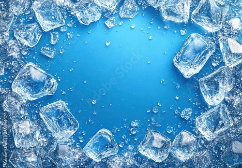 A blue background with a circle of ice cubes