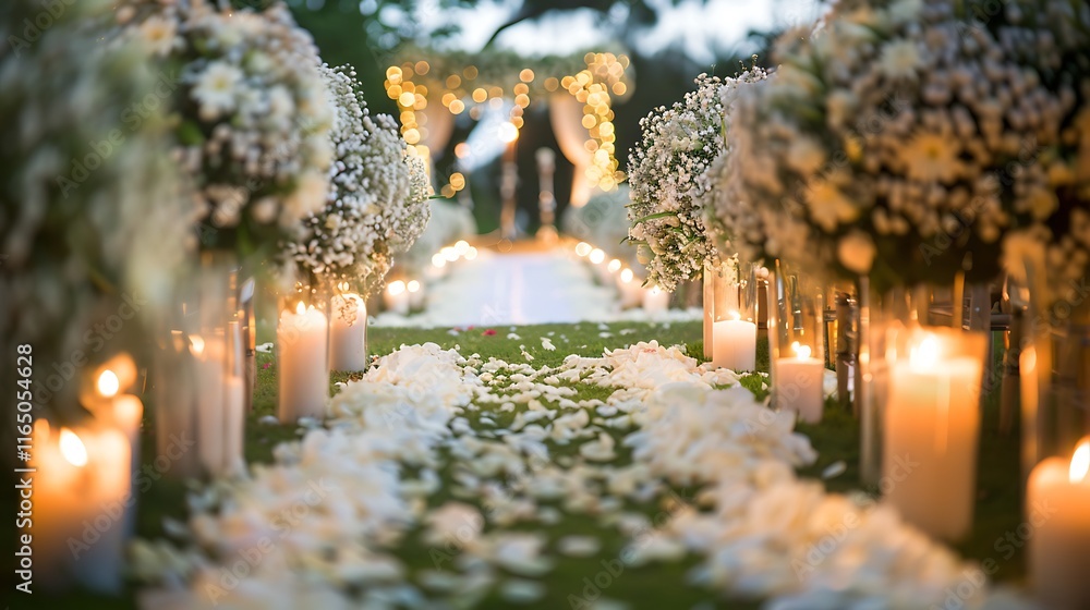 Obraz premium Soft candlelight glowing around an outdoor wedding altar adorned with white flowers.