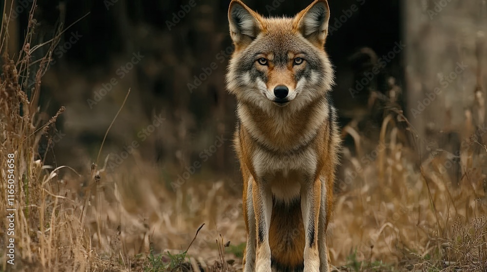 Majestic coyote sitting in tall grass, intense stare, wildlife photography. Majestic coyote sitting in tall grass, intense stare, wildlife photography.